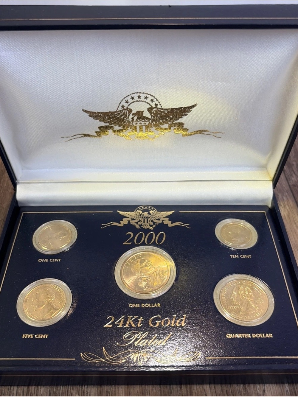2000 24kt Gold Plated 5 US Coin Set One Five Ten Cent & Quarter / Dollar in Case